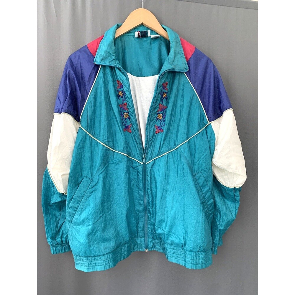 Vtg 80s Bold Spirit Embroidered Nylon Windbreaker Jacket Sz L Colorblock Grandma